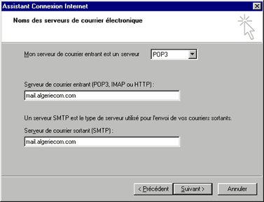 Type de serveur de courrier entrant : POP3, Serveur de courrier entrant (POP3) : 172.16.254.216, serveur de courrier sortant (SMTP) : 172.16.254.216